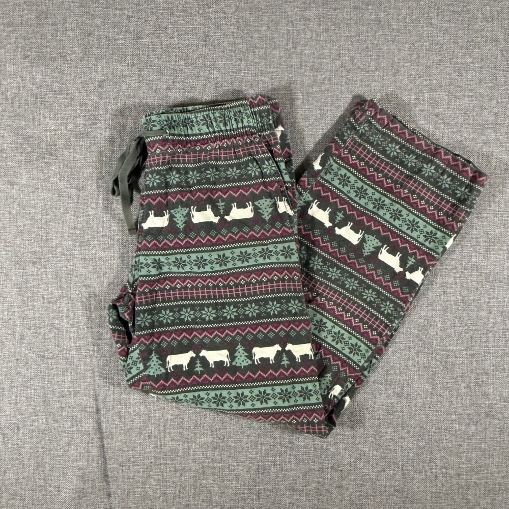 Blue Mountain Pajama Pants Womans Med Cow Fair Isle Flannel Lounge Sleepwear PJs